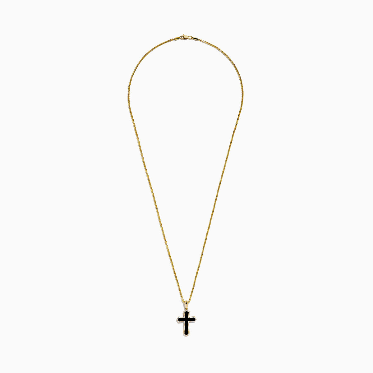 The Men's 14K Yellow Gold Diamond and Onyx Cross Pendant features a striking onyx cross accented with diamonds, all set on a yellow gold chain.