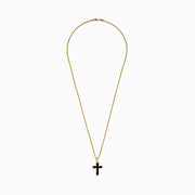 The Men's 14K Yellow Gold Diamond and Onyx Cross Pendant features a striking onyx cross accented with diamonds, all set on a yellow gold chain.