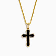 The Men's 14K Yellow Gold Diamond and Onyx Cross Pendant features a striking onyx cross accented with diamonds, all set on a yellow gold chain.