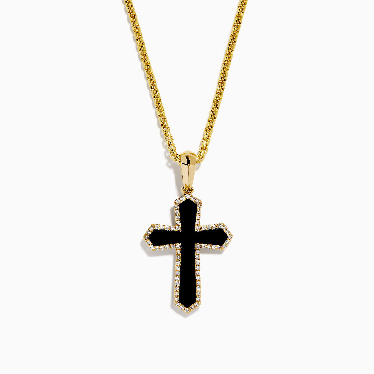 The Men's 14K Yellow Gold Diamond and Onyx Cross Pendant features a striking onyx cross accented with diamonds, all set on a yellow gold chain.