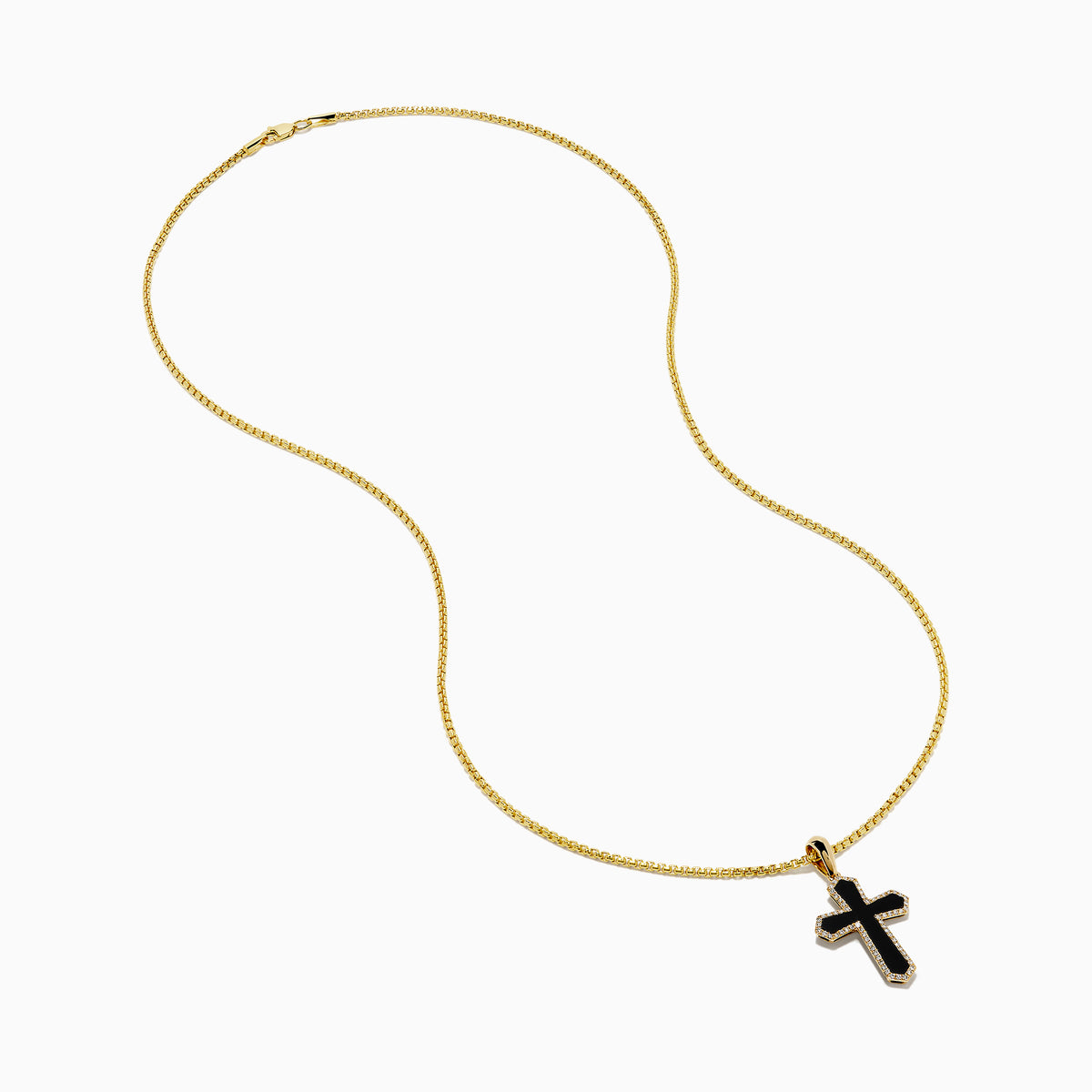 The Men's 14K Yellow Gold Diamond and Onyx Cross Pendant features a striking onyx cross accented with diamonds, all set on a yellow gold chain.
