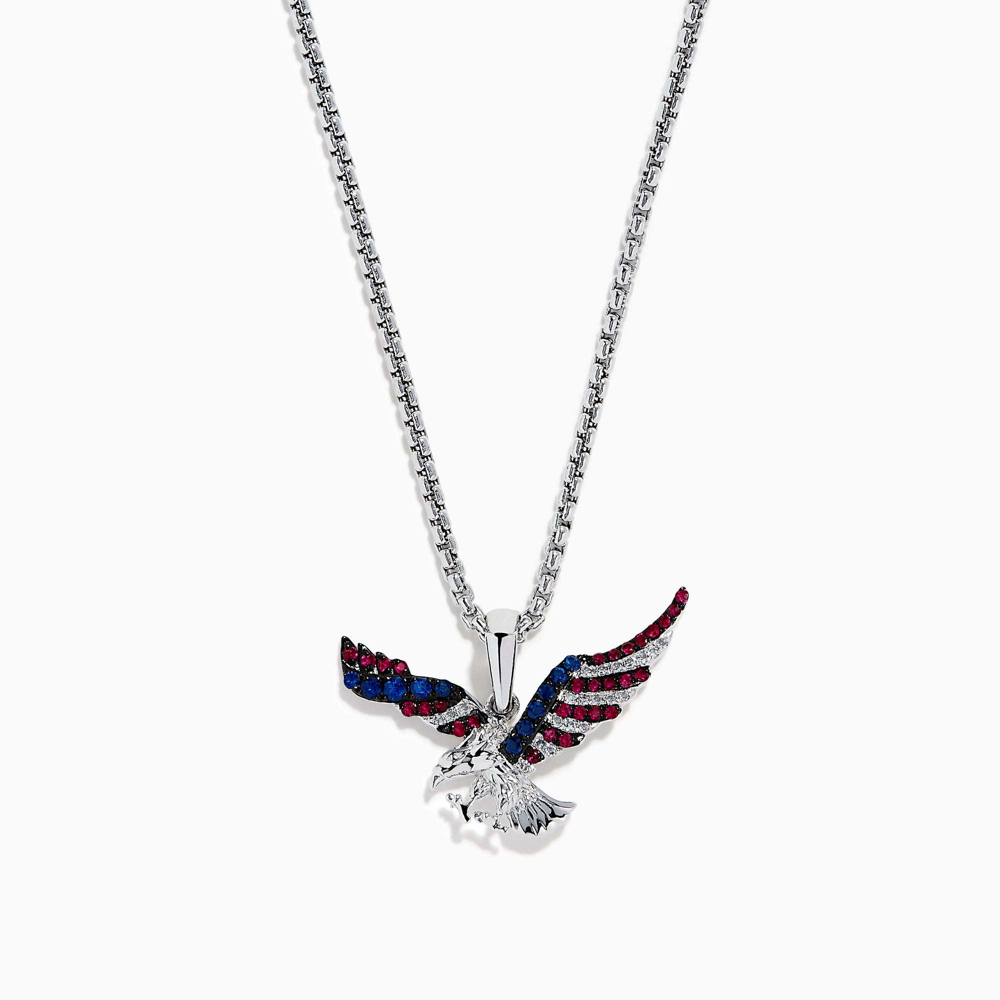 Men's 14K White Gold Ruby, Blue Sapphire and Diamond Eagle Pendant