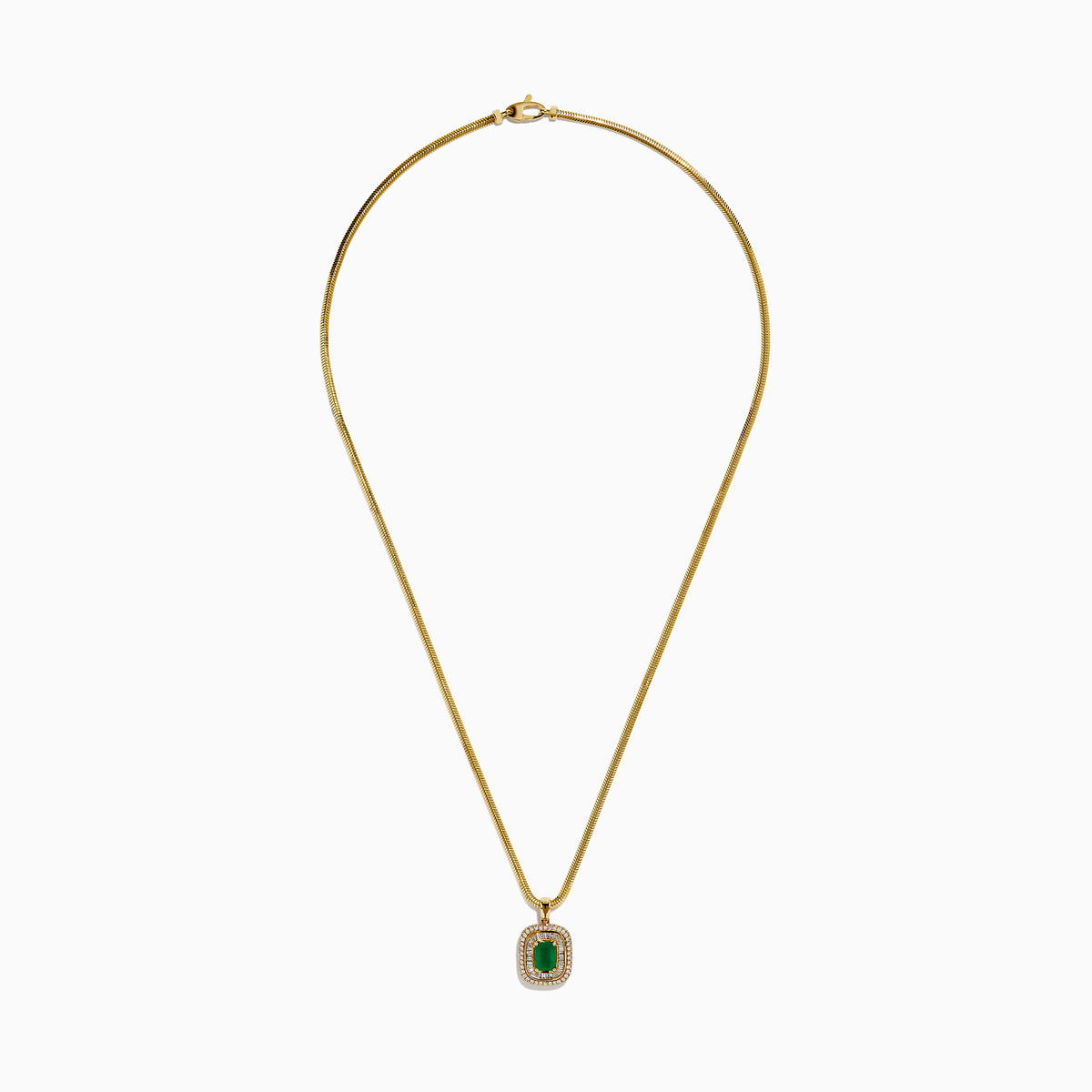 The 14K Yellow Gold Emerald and Diamond Double Halo Pendant showcases a rectangular green emerald surrounded by two sparkling diamond halos, displayed on a white background.