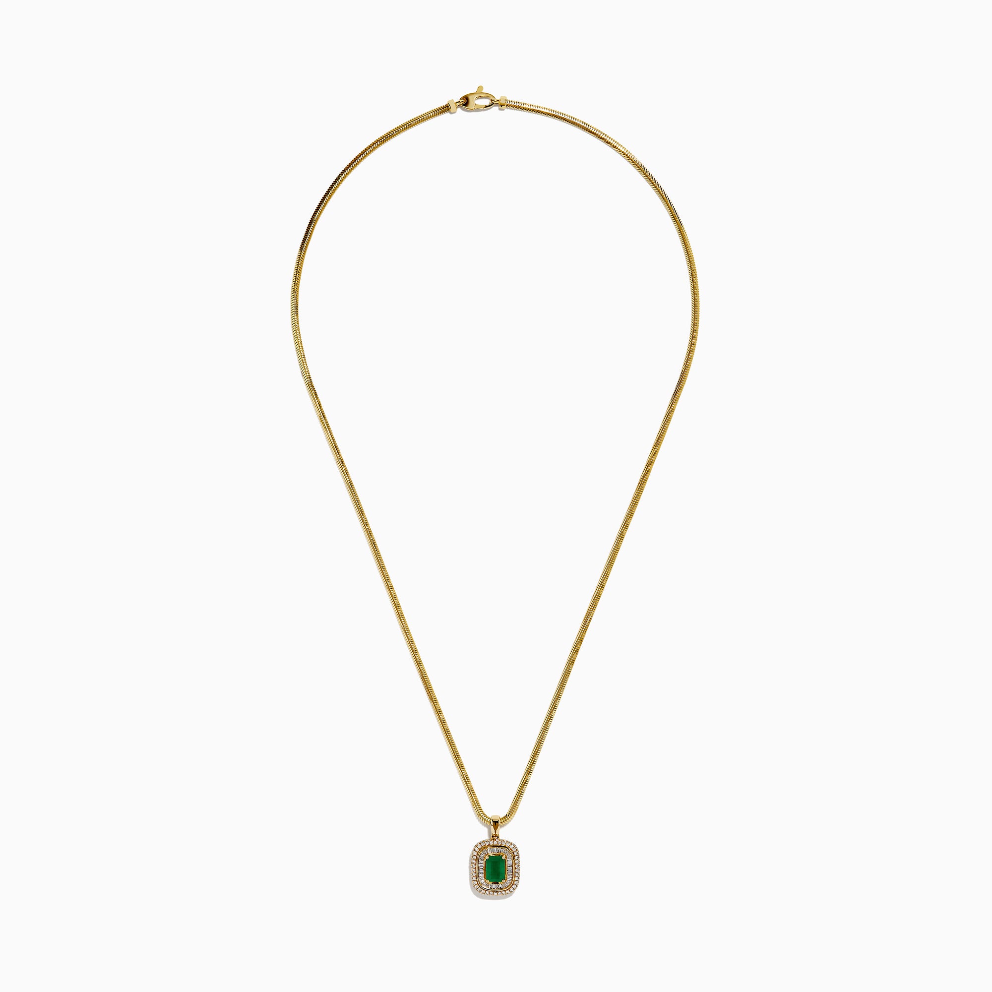 The 14K Yellow Gold Emerald and Diamond Double Halo Pendant showcases a rectangular green emerald surrounded by two sparkling diamond halos, displayed on a white background.
