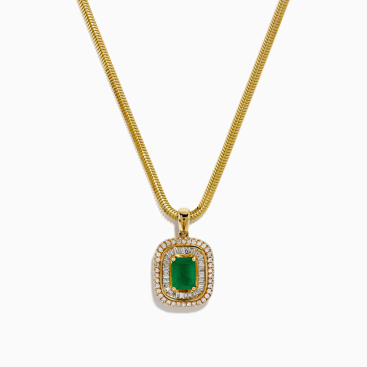 The 14K Yellow Gold Emerald and Diamond Double Halo Pendant showcases a rectangular green emerald surrounded by two sparkling diamond halos, displayed on a white background.