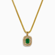 The 14K Yellow Gold Emerald and Diamond Double Halo Pendant showcases a rectangular green emerald surrounded by two sparkling diamond halos, displayed on a white background.
