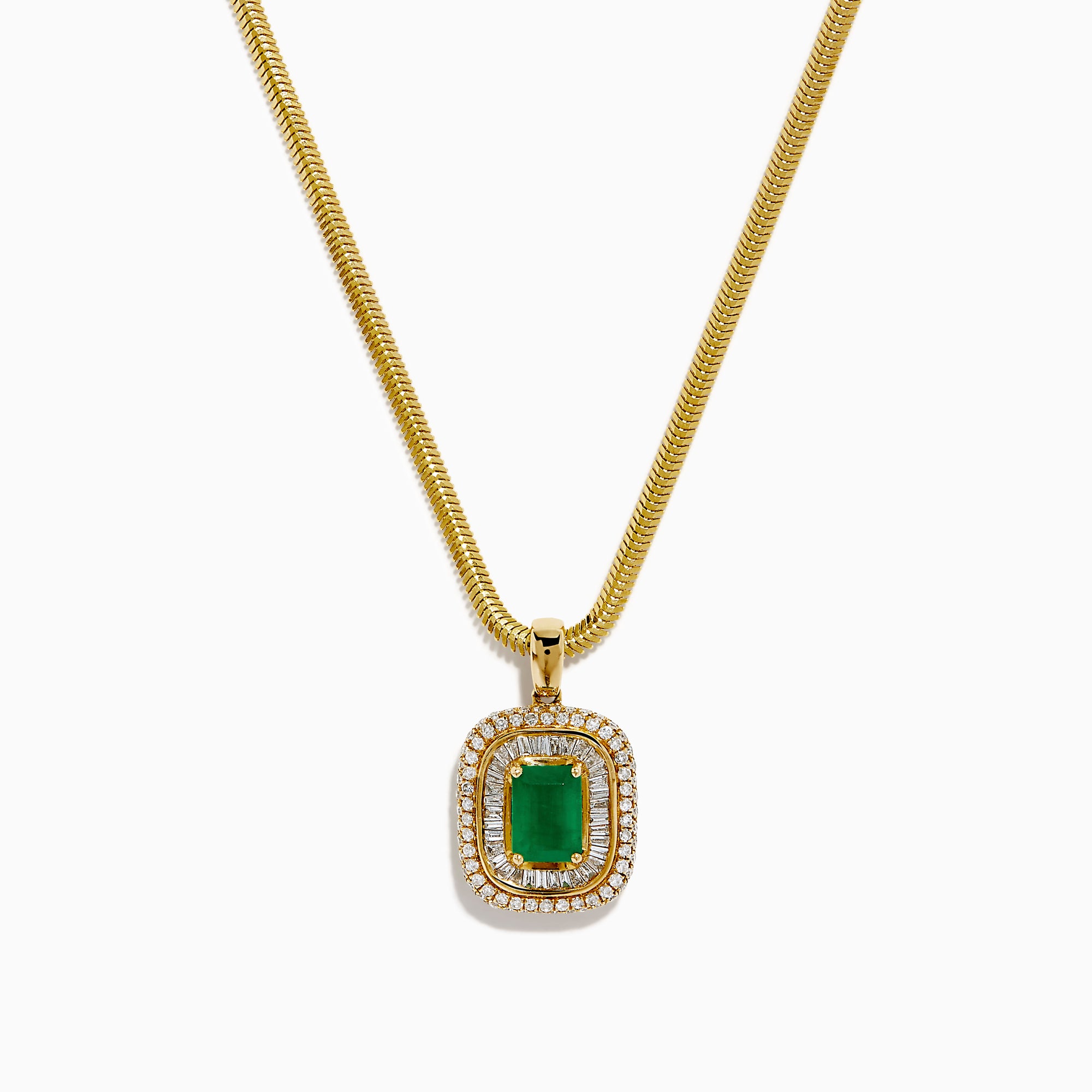The 14K Yellow Gold Emerald and Diamond Double Halo Pendant showcases a rectangular green emerald surrounded by two sparkling diamond halos, displayed on a white background.