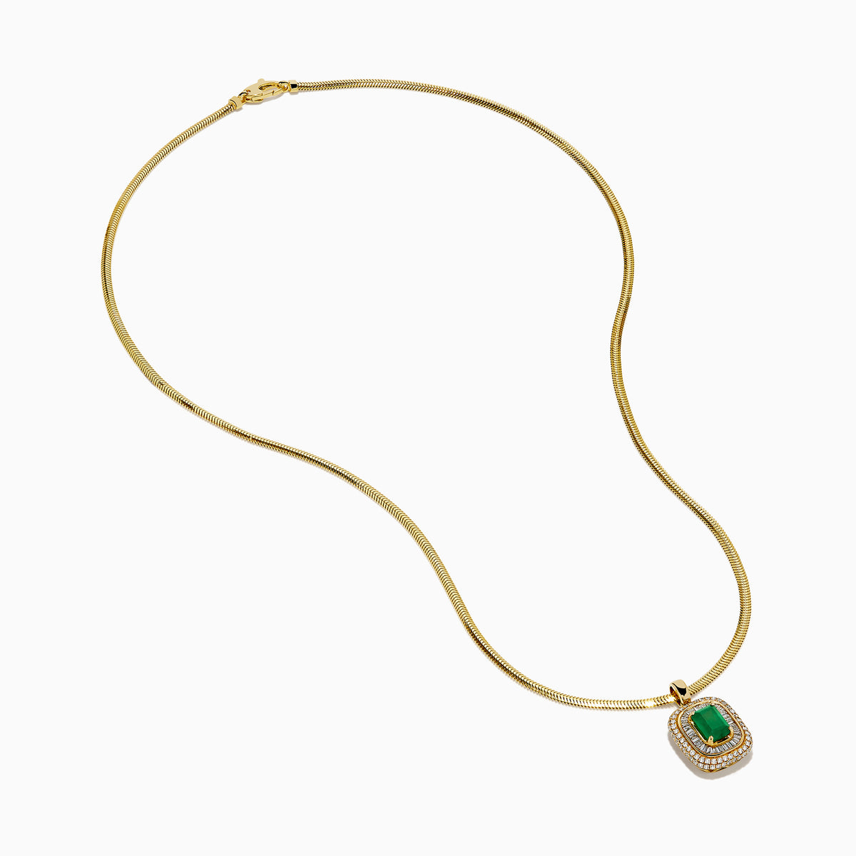 The 14K Yellow Gold Emerald and Diamond Double Halo Pendant showcases a rectangular green emerald surrounded by two sparkling diamond halos, displayed on a white background.