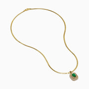 The 14K Yellow Gold Emerald and Diamond Double Halo Pendant showcases a rectangular green emerald surrounded by two sparkling diamond halos, displayed on a white background.