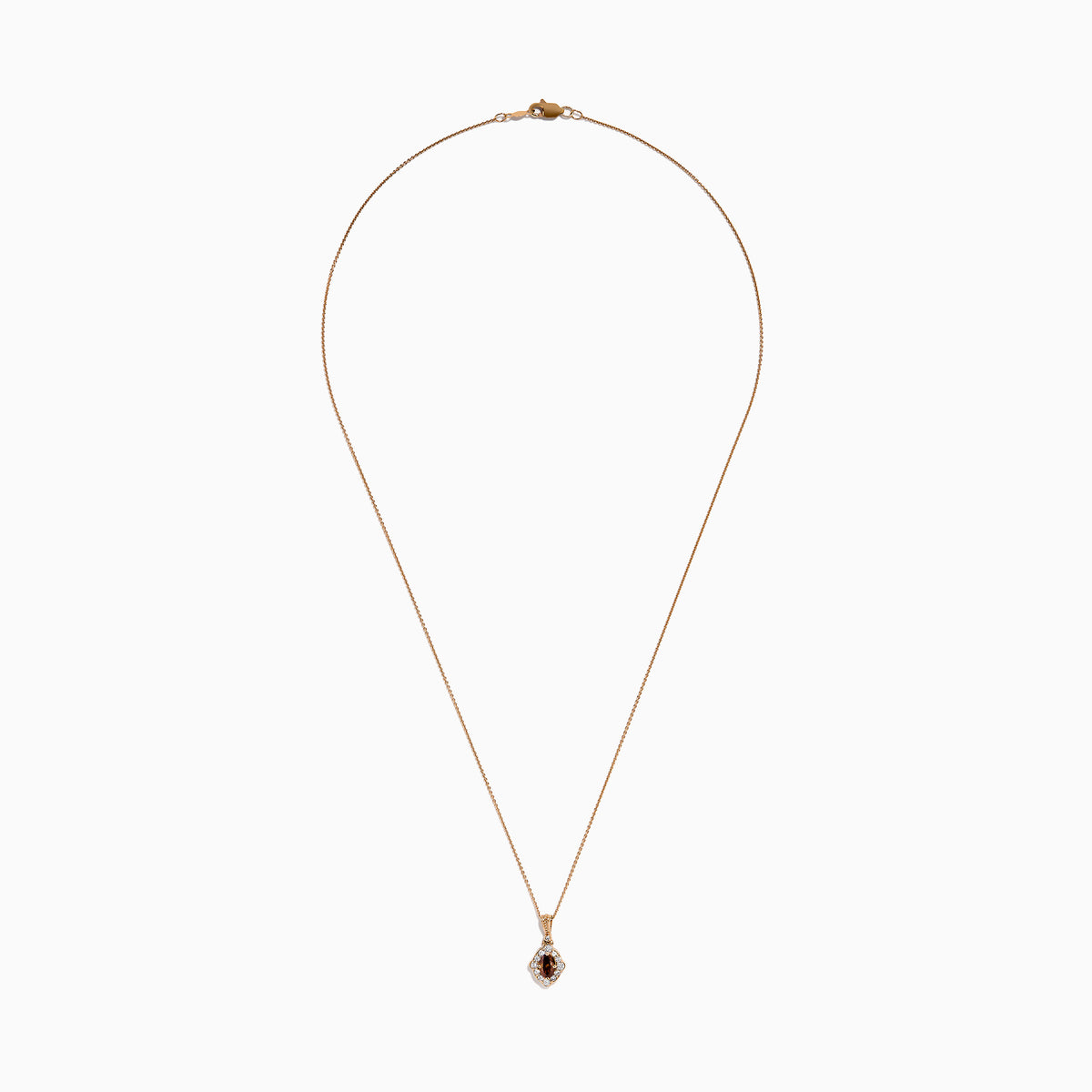 The 14K Rose Gold Brown and White Diamond Halo Pendant features an oval brown and white diamond surrounded by small clear stones in a decorative setting.