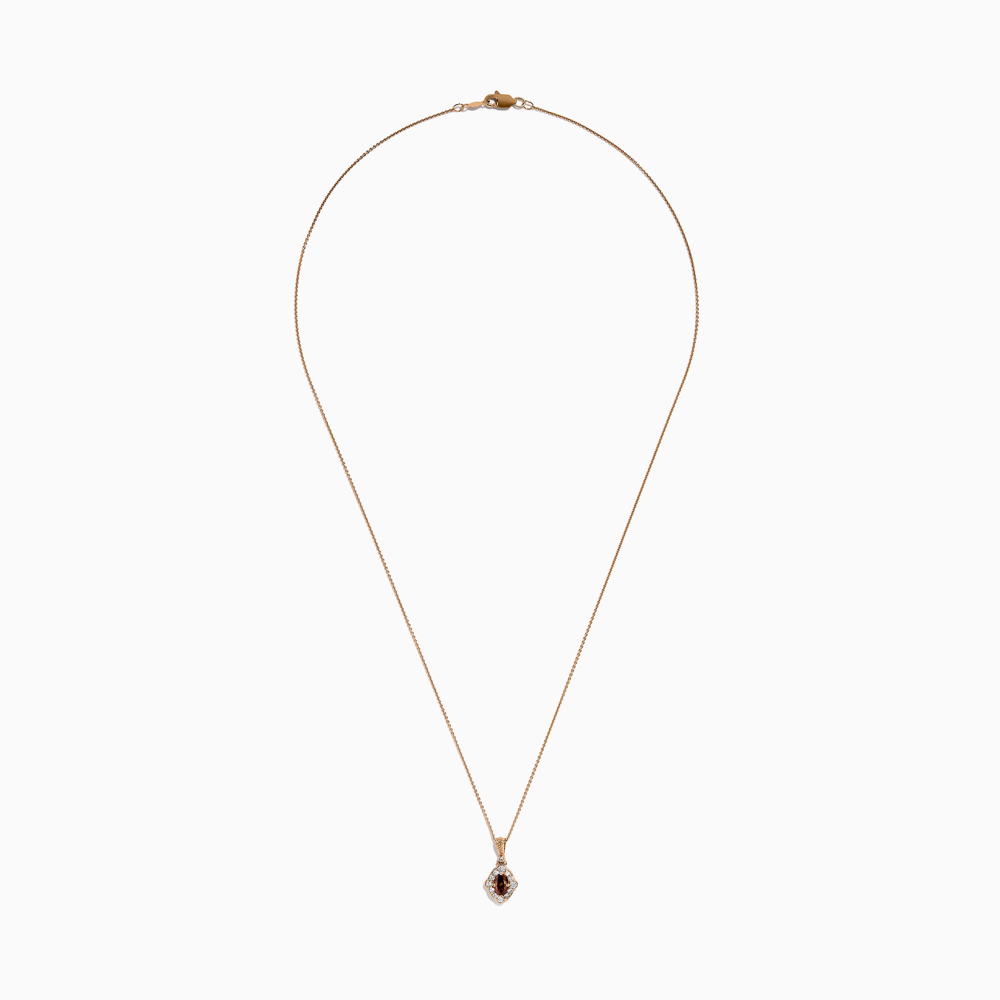 The 14K Rose Gold Brown and White Diamond Halo Pendant features an oval brown and white diamond surrounded by small clear stones in a decorative setting.