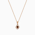 The 14K Rose Gold Brown and White Diamond Halo Pendant features an oval brown and white diamond surrounded by small clear stones in a decorative setting.
