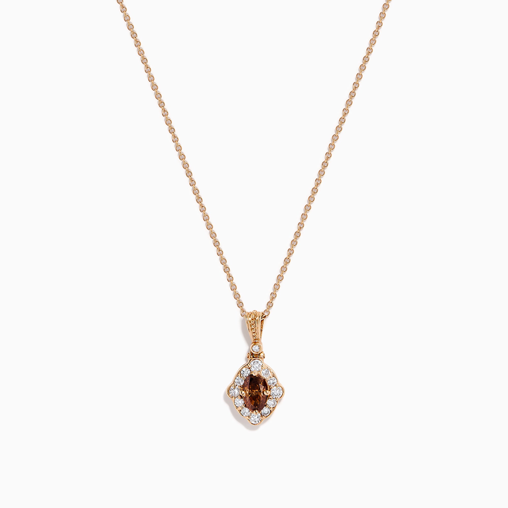 The 14K Rose Gold Brown and White Diamond Halo Pendant features an oval brown and white diamond surrounded by small clear stones in a decorative setting.