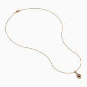 The 14K Rose Gold Brown and White Diamond Halo Pendant features an oval brown and white diamond surrounded by small clear stones in a decorative setting.