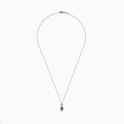 The Bella Bleu 14K Rose Gold Blue and White Diamond Pendant features a marquise-cut blue gemstone accented by white diamonds, suspended from a delicate chain against a white background.