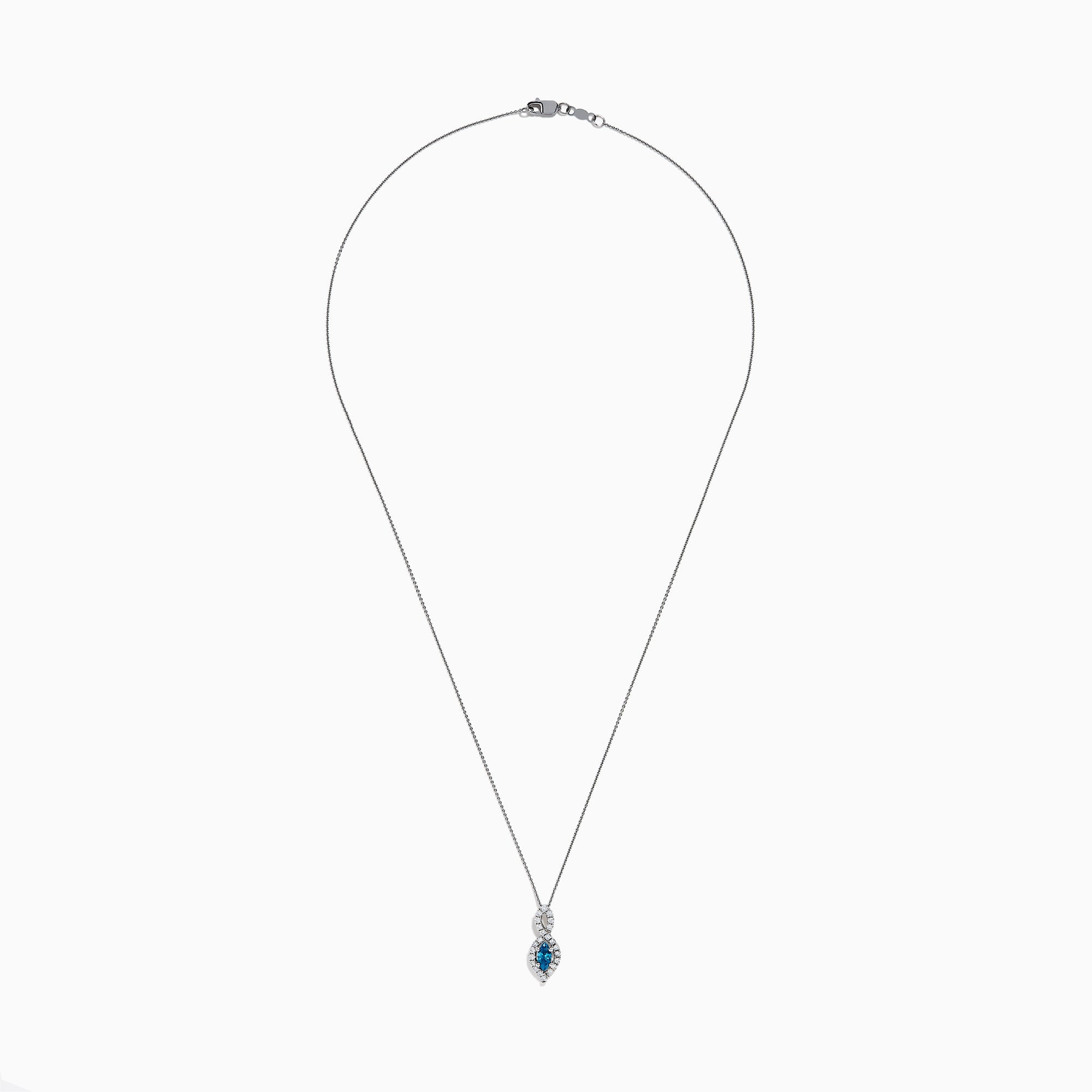 The Bella Bleu 14K Rose Gold Blue and White Diamond Pendant features a marquise-cut blue gemstone accented by white diamonds, suspended from a delicate chain against a white background.