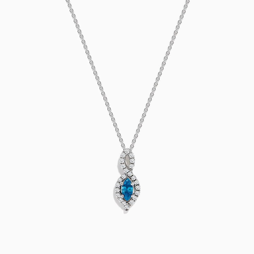 The Bella Bleu 14K Rose Gold Blue and White Diamond Pendant features a marquise-cut blue gemstone accented by white diamonds, suspended from a delicate chain against a white background.