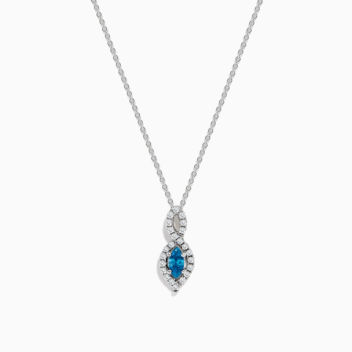 The Bella Bleu 14K Rose Gold Blue and White Diamond Pendant features a marquise-cut blue gemstone accented by white diamonds, suspended from a delicate chain against a white background.