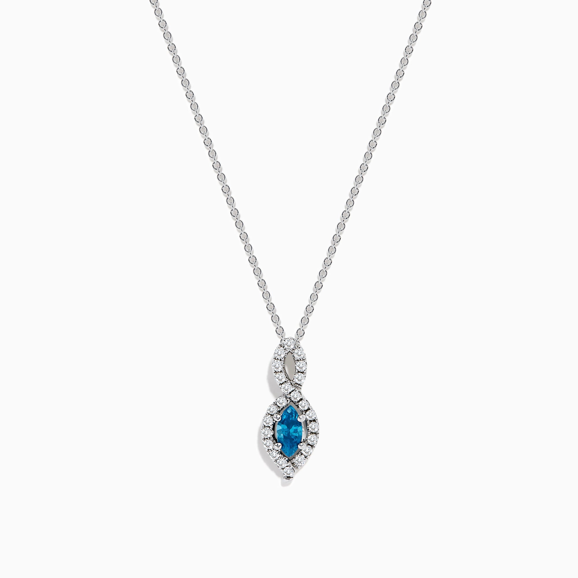 The Bella Bleu 14K Rose Gold Blue and White Diamond Pendant features a marquise-cut blue gemstone accented by white diamonds, suspended from a delicate chain against a white background.