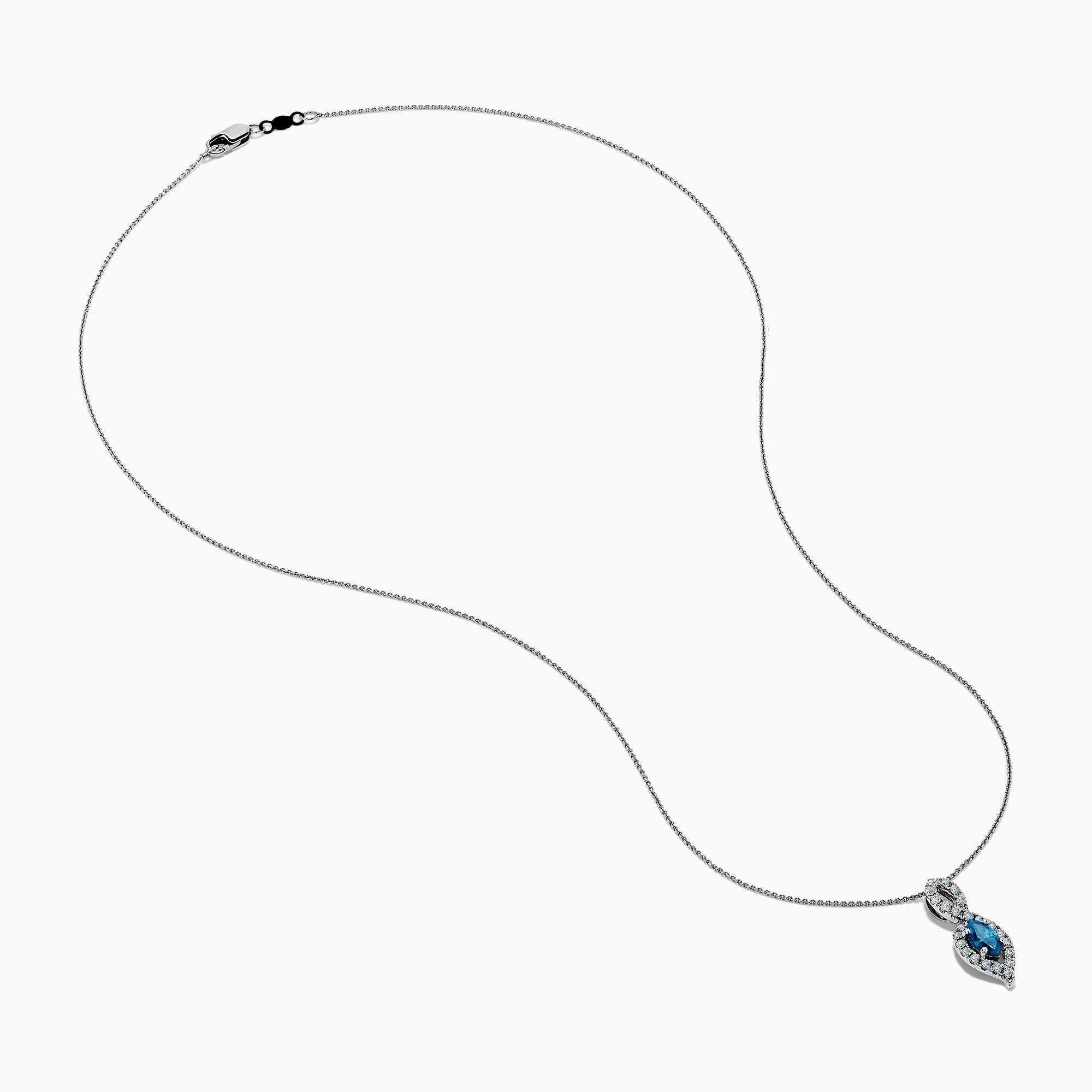 The Bella Bleu 14K Rose Gold Blue and White Diamond Pendant features a marquise-cut blue gemstone accented by white diamonds, suspended from a delicate chain against a white background.