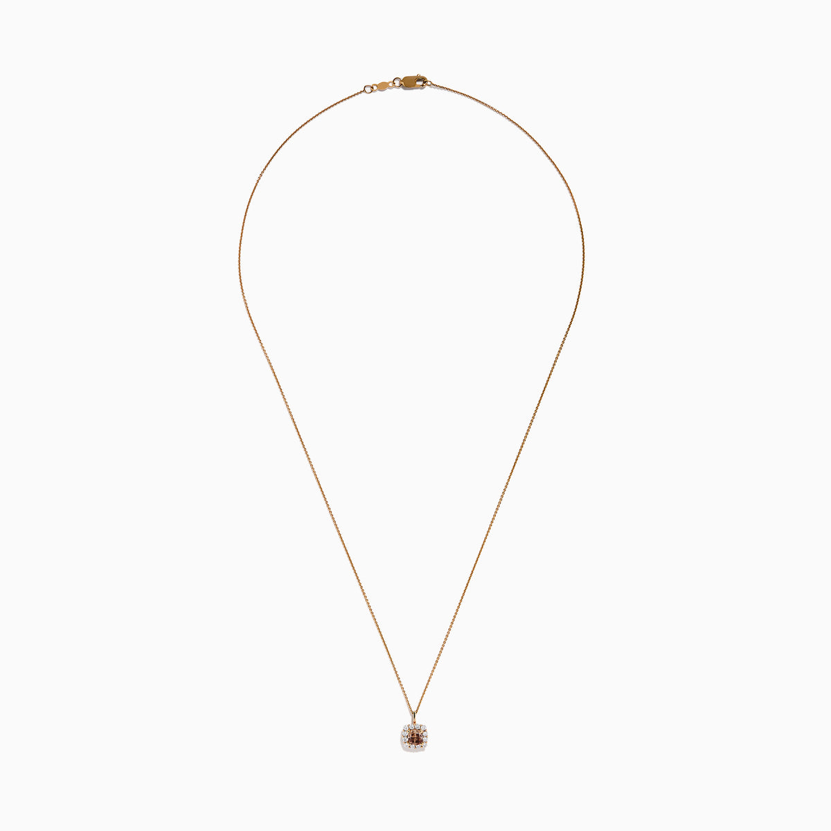 The Espresso 14K Rose Gold Brown and White Diamond Pendant features a square espresso charm with a brown center stone, accented by white diamonds, on a delicate rose gold chain and shown against a white background.