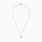 The Espresso 14K Rose Gold Brown and White Diamond Pendant features a square espresso charm with a brown center stone, accented by white diamonds, on a delicate rose gold chain and shown against a white background.