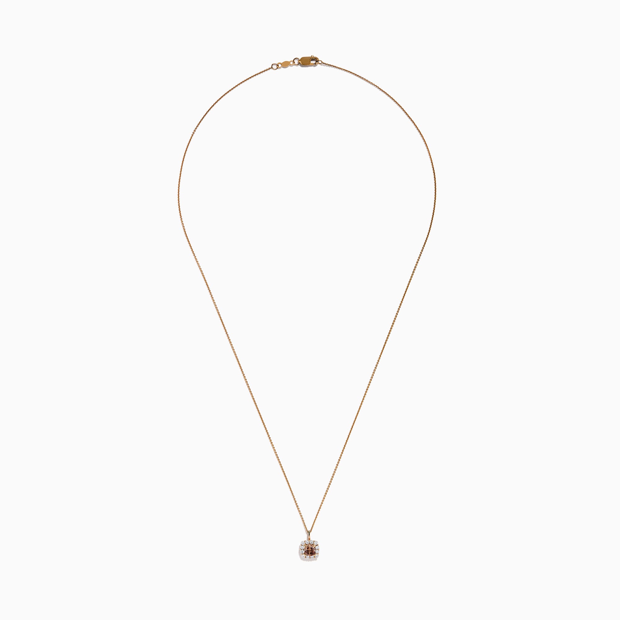The Espresso 14K Rose Gold Brown and White Diamond Pendant features a square espresso charm with a brown center stone, accented by white diamonds, on a delicate rose gold chain and shown against a white background.