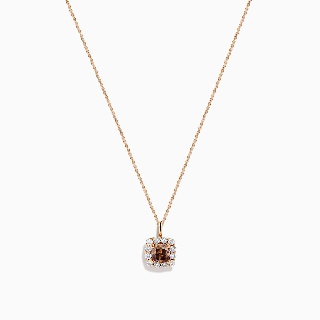 The Espresso 14K Rose Gold Brown and White Diamond Pendant features a square espresso charm with a brown center stone, accented by white diamonds, on a delicate rose gold chain and shown against a white background.