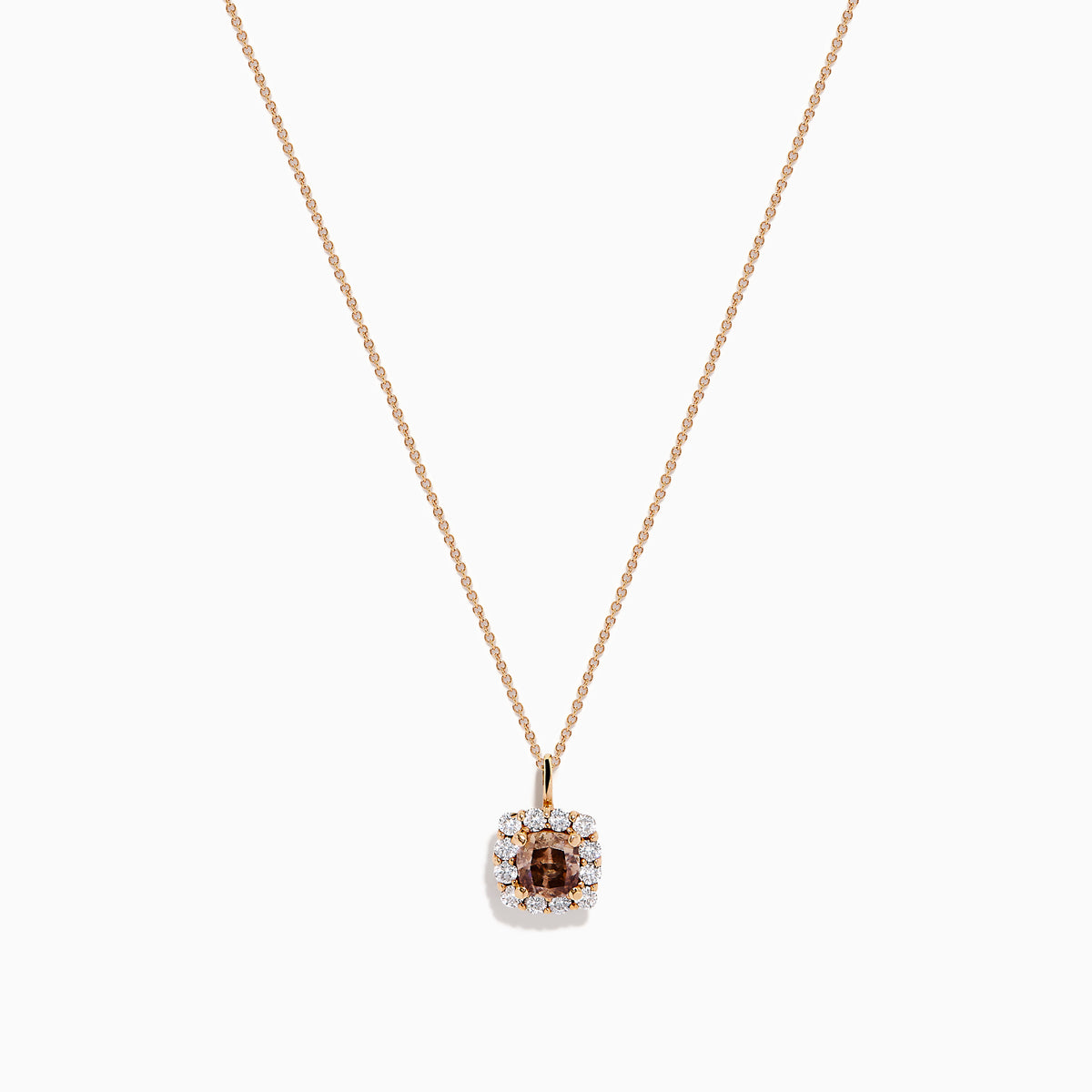 The Espresso 14K Rose Gold Brown and White Diamond Pendant features a square espresso charm with a brown center stone, accented by white diamonds, on a delicate rose gold chain and shown against a white background.