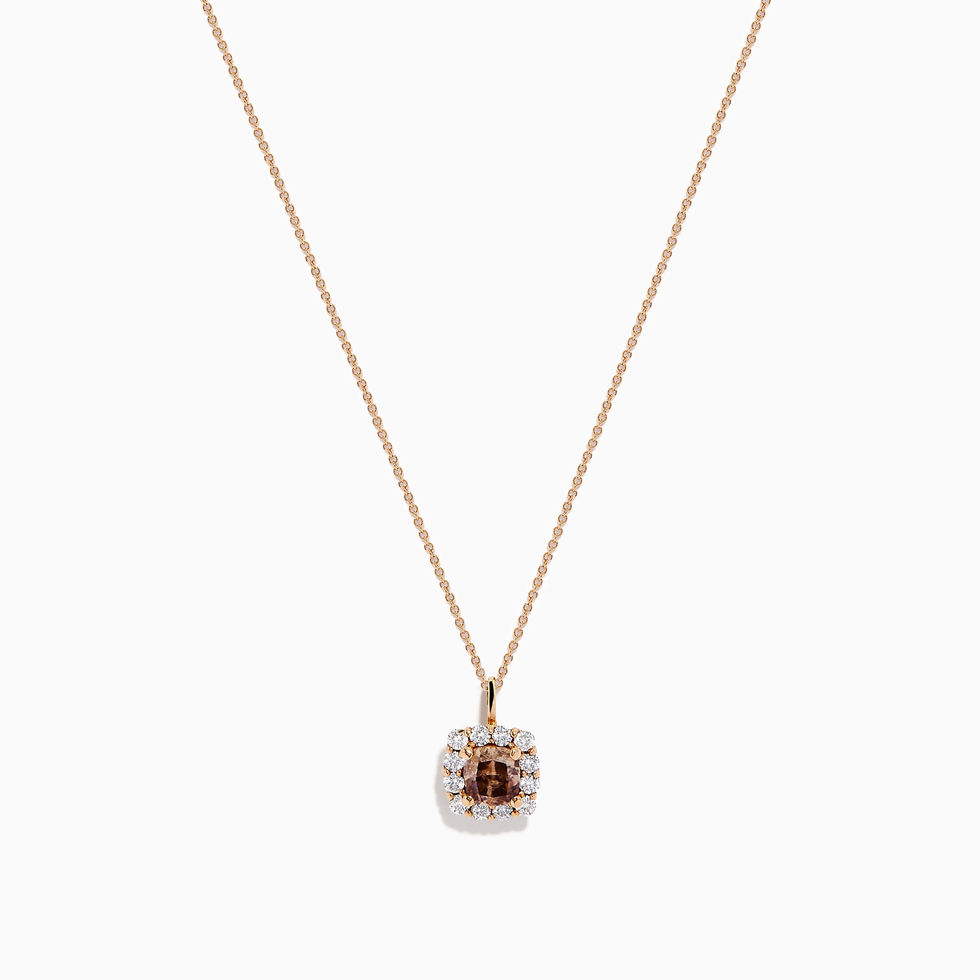The Espresso 14K Rose Gold Brown and White Diamond Pendant features a square espresso charm with a brown center stone, accented by white diamonds, on a delicate rose gold chain and shown against a white background.