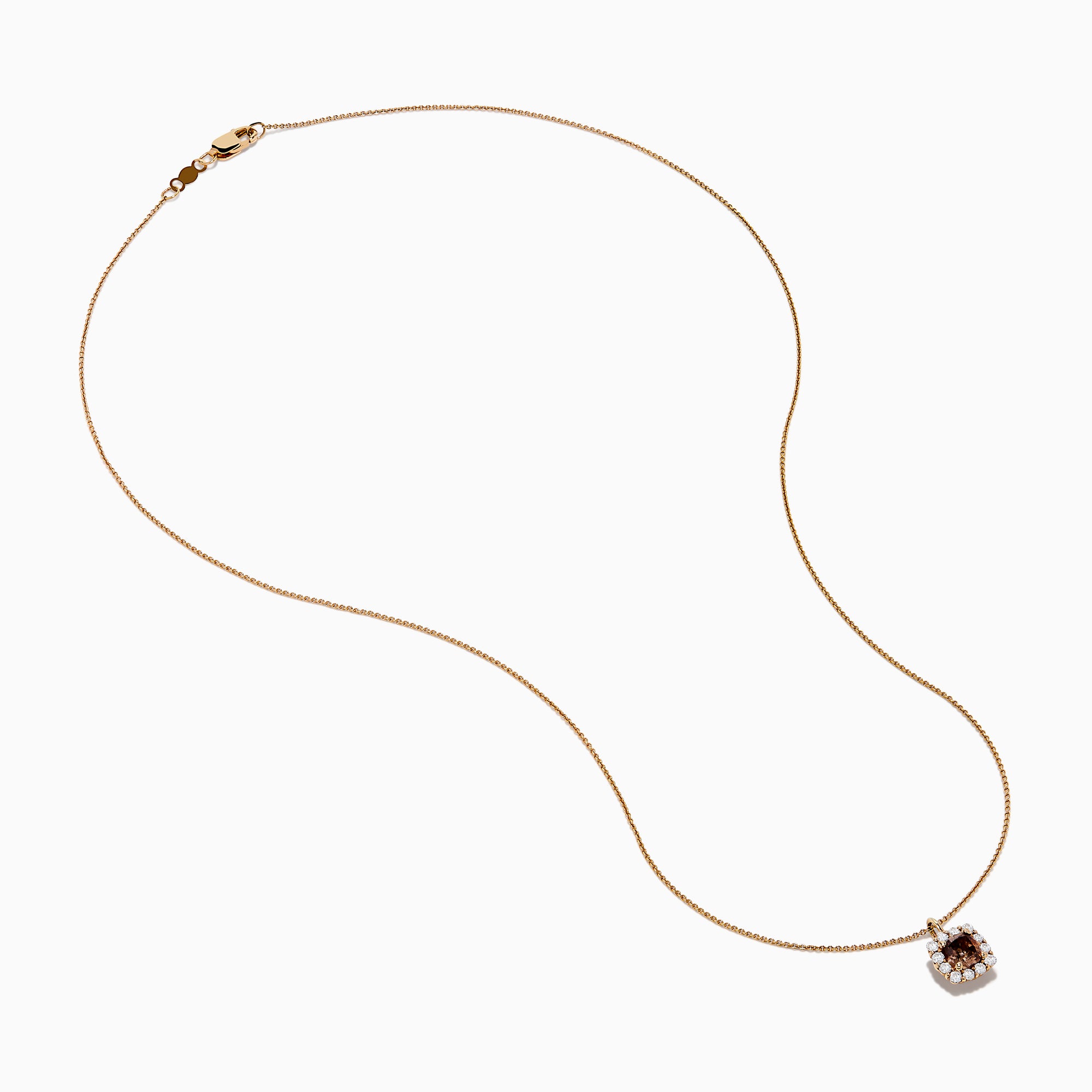 The Espresso 14K Rose Gold Brown and White Diamond Pendant features a square espresso charm with a brown center stone, accented by white diamonds, on a delicate rose gold chain and shown against a white background.