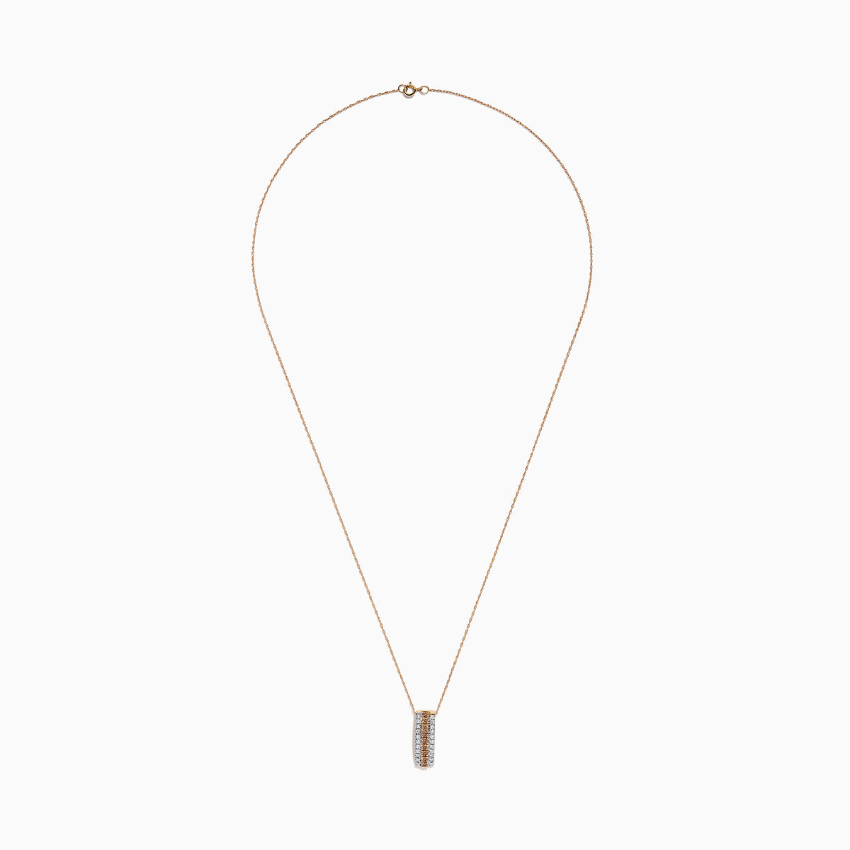 The Espresso 14K Two Tone Gold Pendant showcases brown and white diamonds in a vertical design, set on a delicate gold chain for a refined, elegant touch.