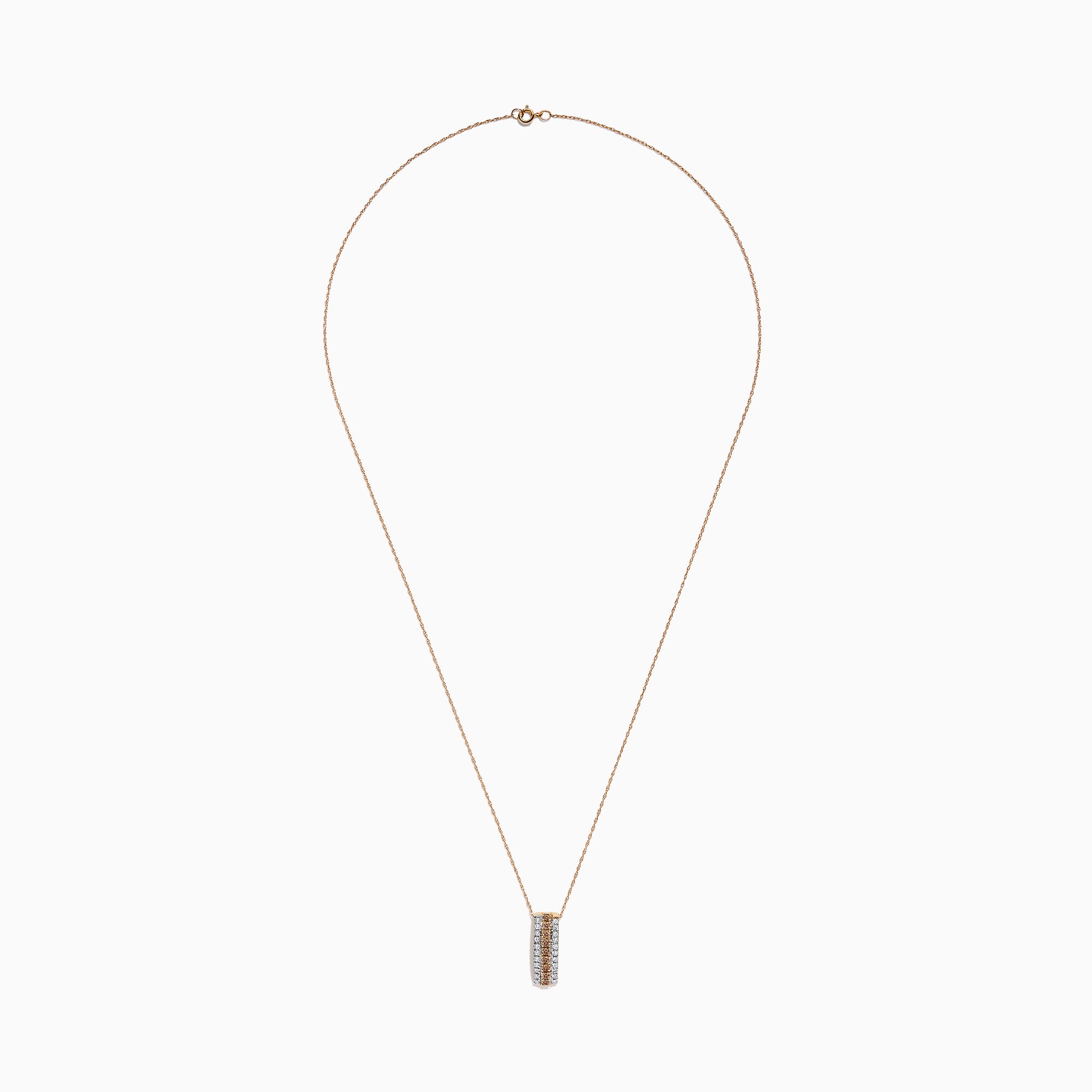 The Espresso 14K Two Tone Gold Pendant showcases brown and white diamonds in a vertical design, set on a delicate gold chain for a refined, elegant touch.