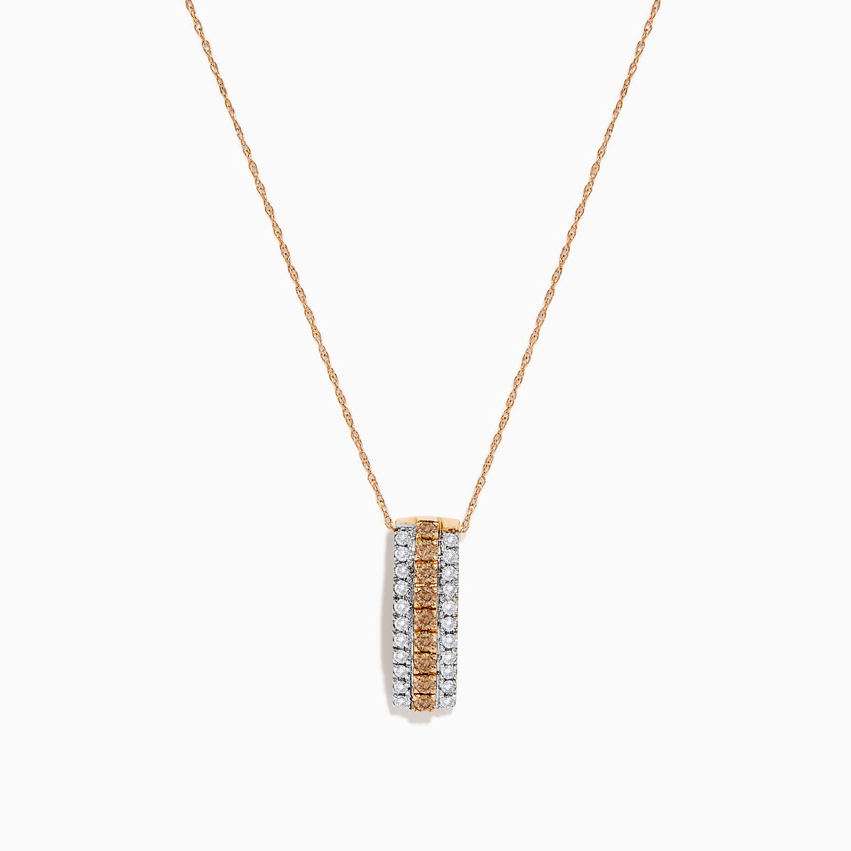 The Espresso 14K Two Tone Gold Pendant showcases brown and white diamonds in a vertical design, set on a delicate gold chain for a refined, elegant touch.