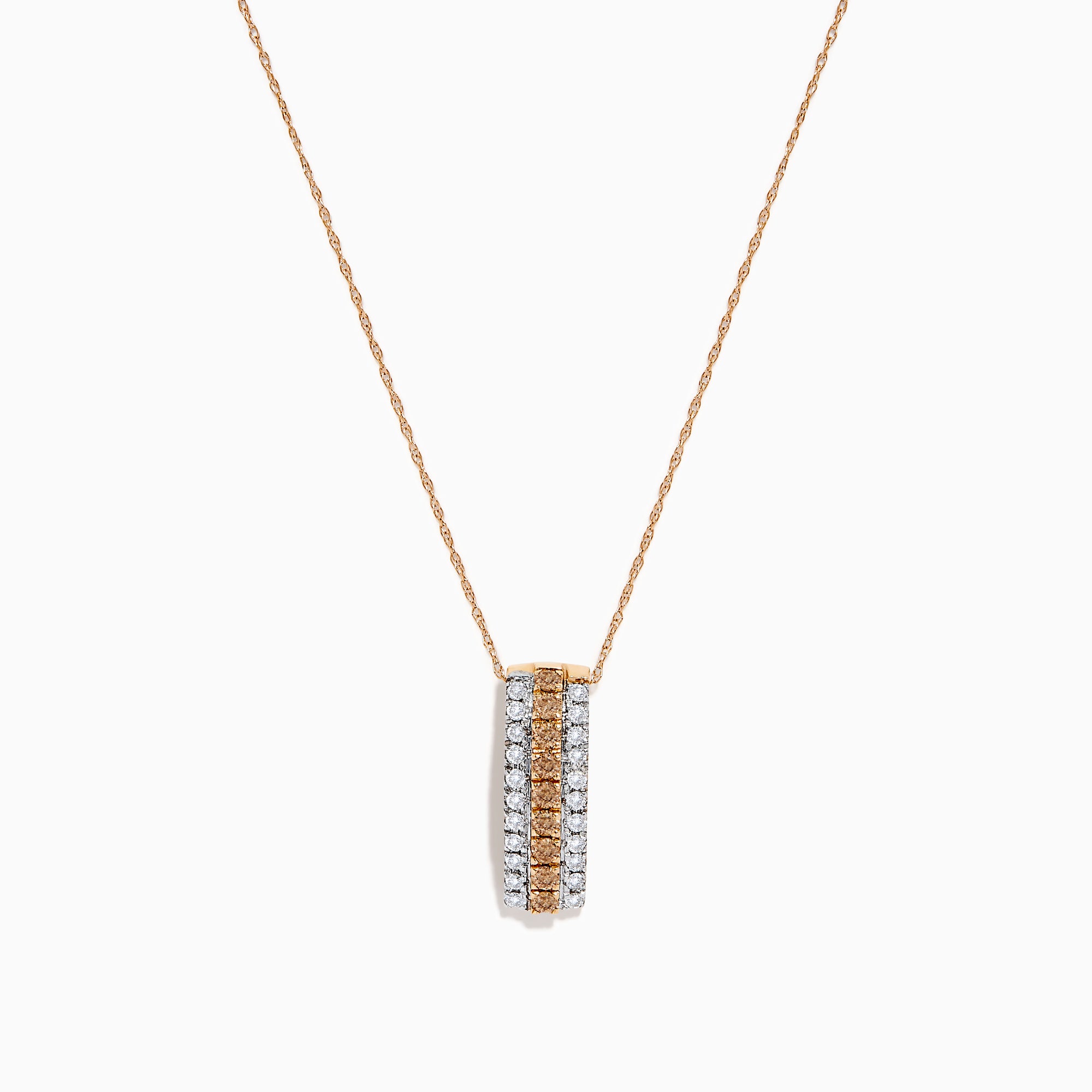 The Espresso 14K Two Tone Gold Pendant showcases brown and white diamonds in a vertical design, set on a delicate gold chain for a refined, elegant touch.