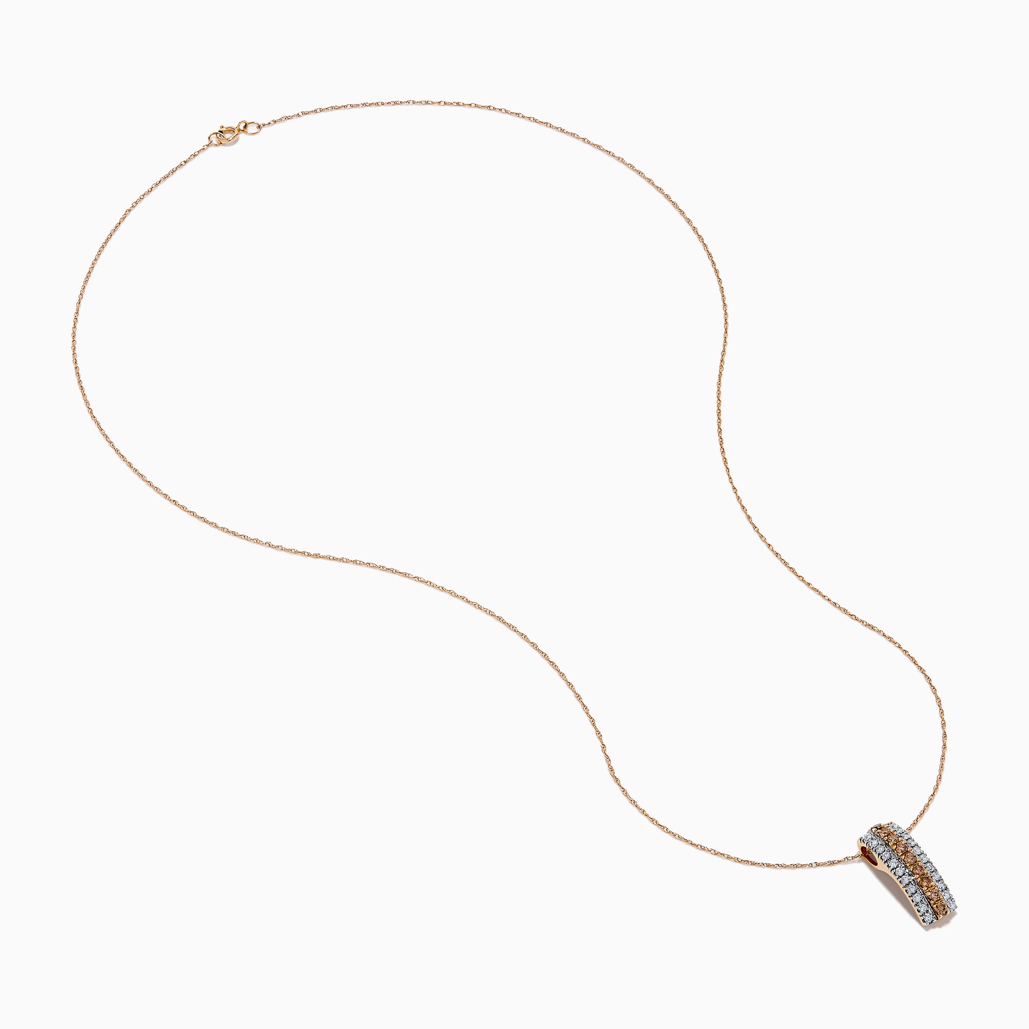 The Espresso 14K Two Tone Gold Pendant showcases brown and white diamonds in a vertical design, set on a delicate gold chain for a refined, elegant touch.