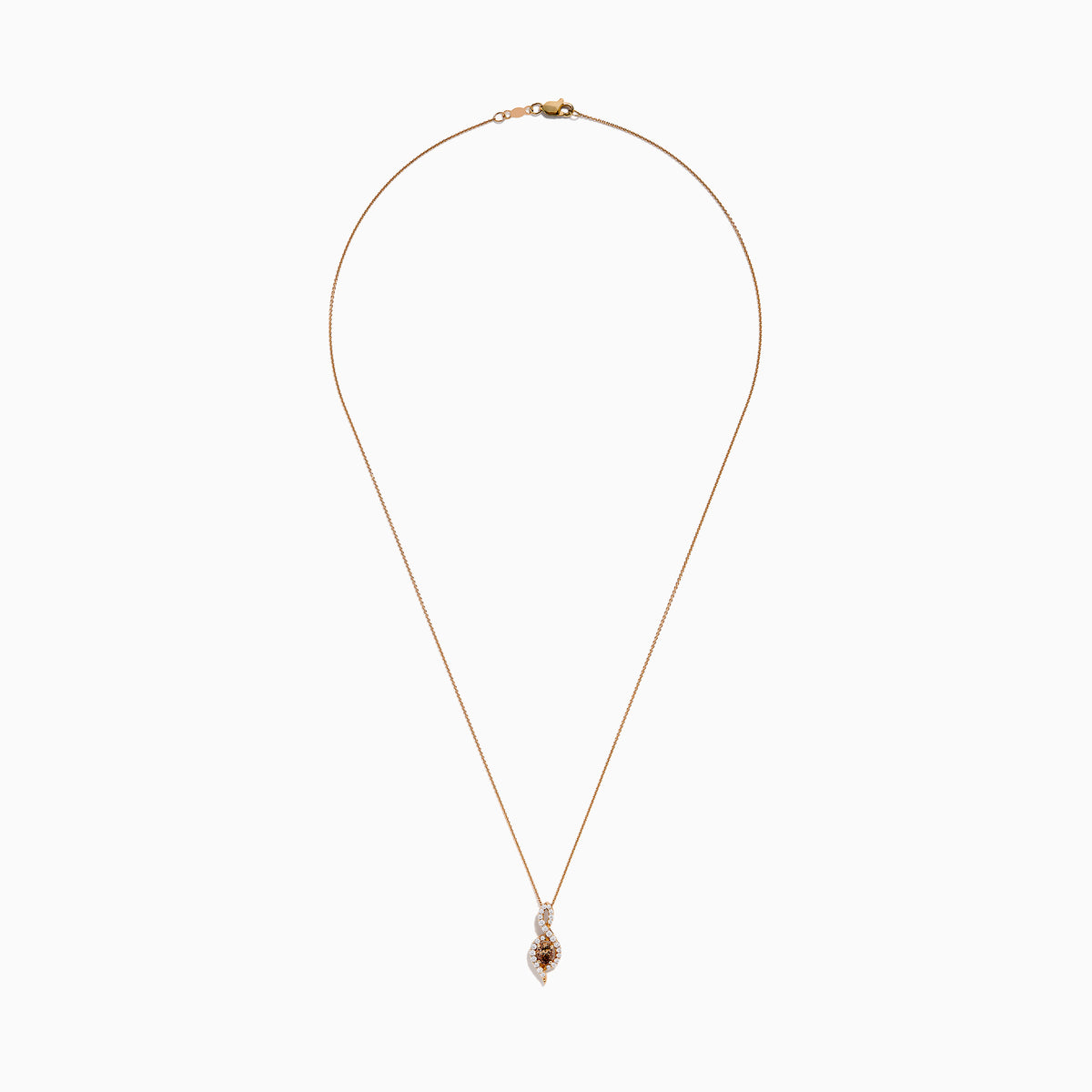 The Espresso 14K Rose Gold Brown and White Diamond Pendant features an oval brown gemstone surrounded by white diamonds in a swirling design, gracefully hanging from a delicate rose gold chain.