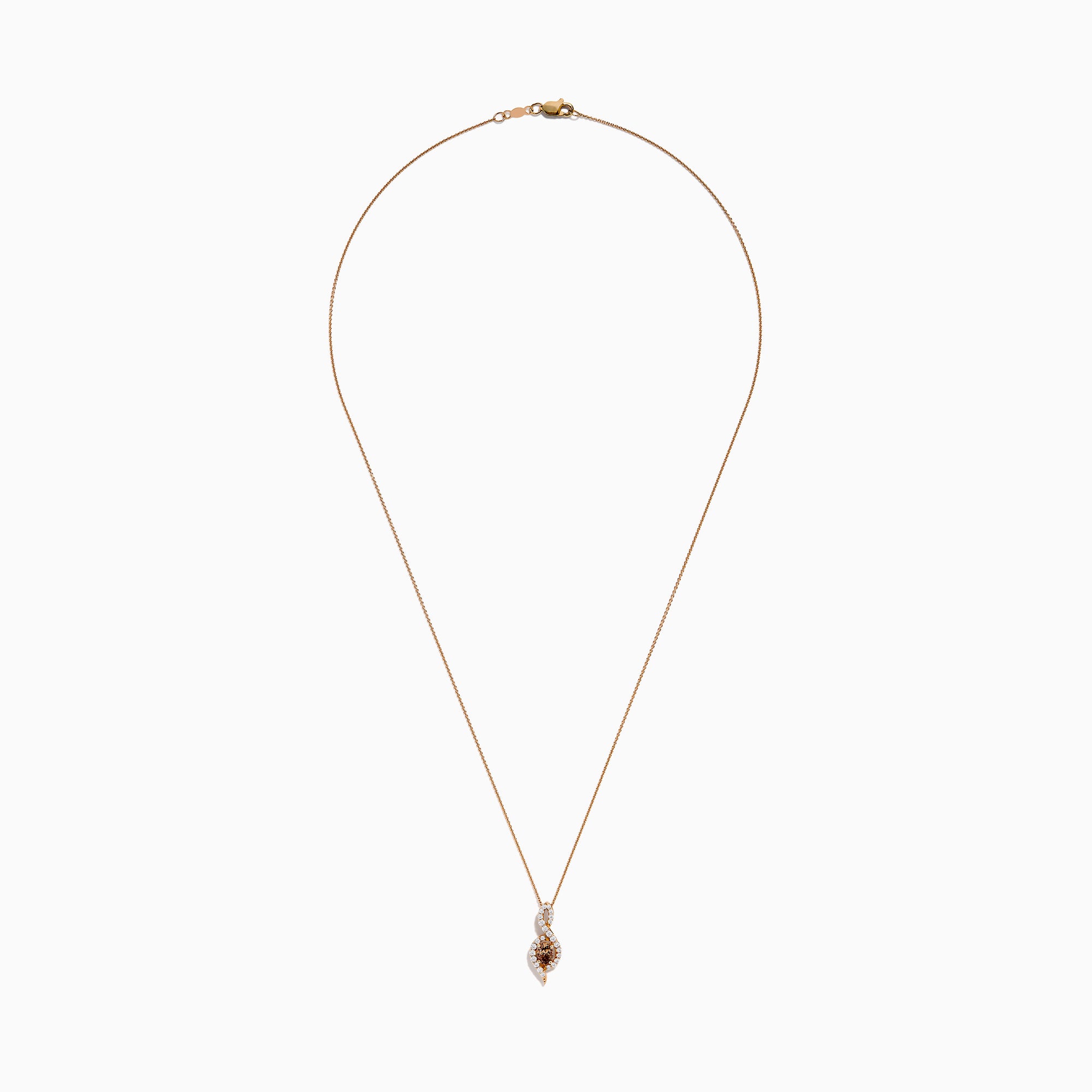 The Espresso 14K Rose Gold Brown and White Diamond Pendant features an oval brown gemstone surrounded by white diamonds in a swirling design, gracefully hanging from a delicate rose gold chain.