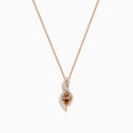 The Espresso 14K Rose Gold Brown and White Diamond Pendant features an oval brown gemstone surrounded by white diamonds in a swirling design, gracefully hanging from a delicate rose gold chain.