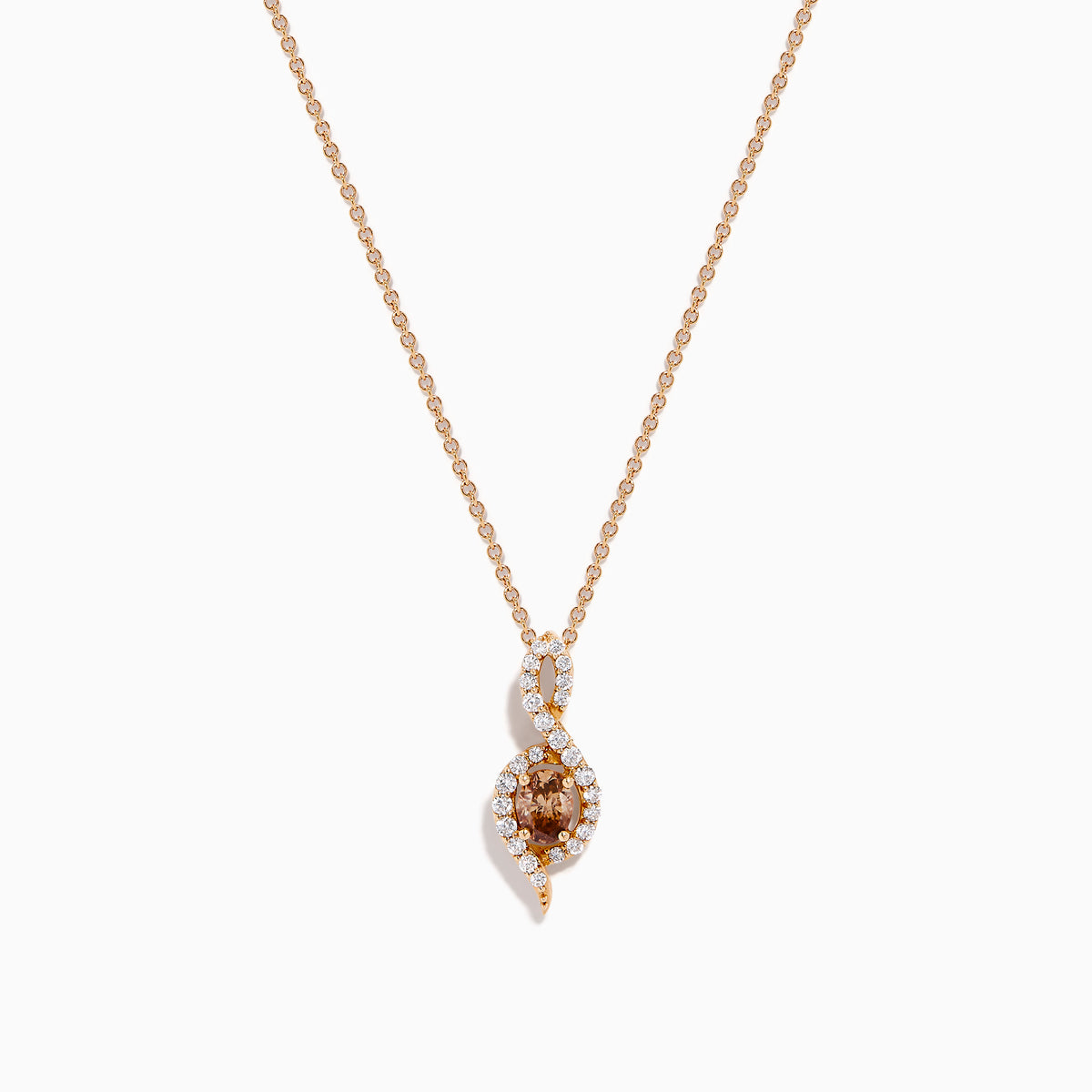 The Espresso 14K Rose Gold Brown and White Diamond Pendant features an oval brown gemstone surrounded by white diamonds in a swirling design, gracefully hanging from a delicate rose gold chain.
