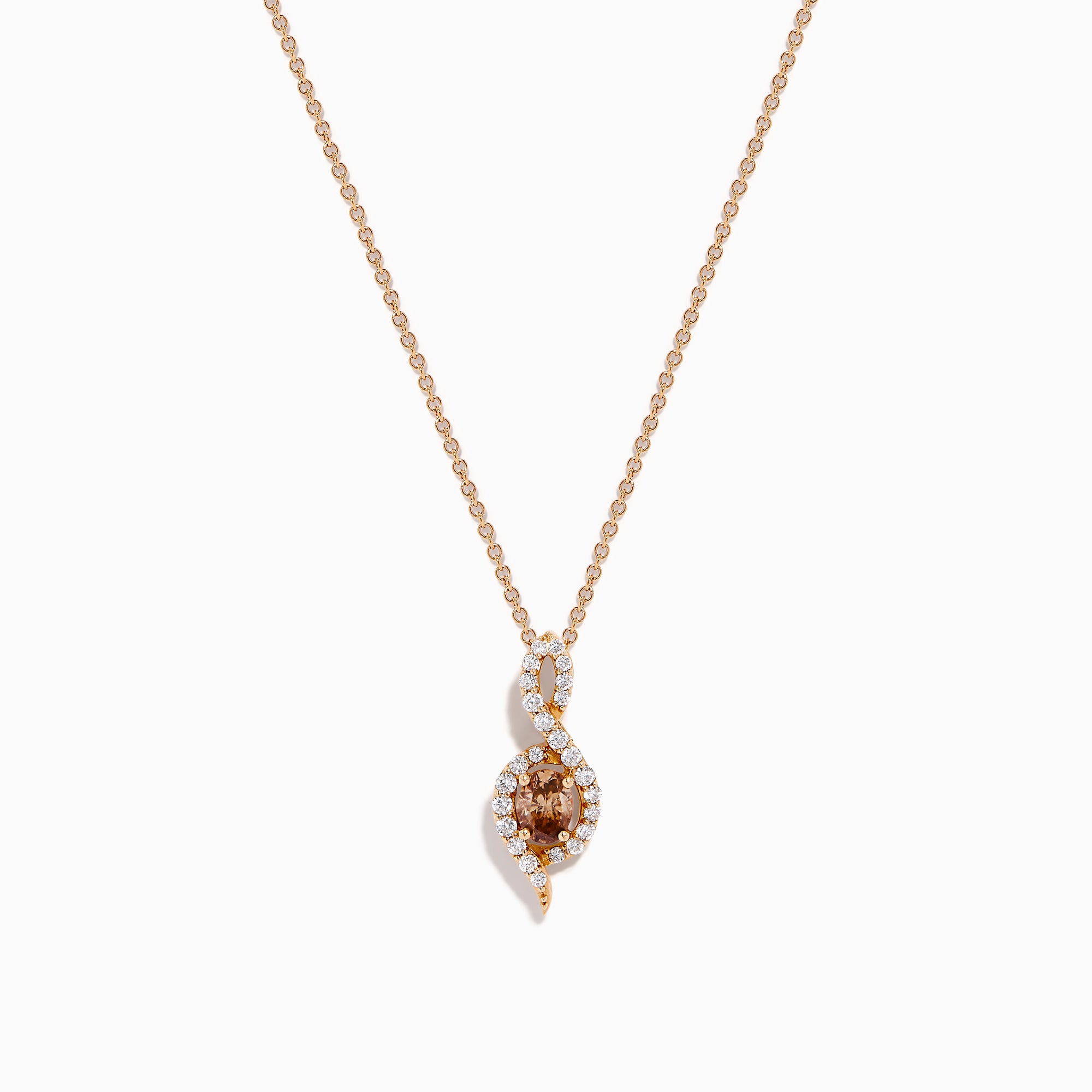 The Espresso 14K Rose Gold Brown and White Diamond Pendant features an oval brown gemstone surrounded by white diamonds in a swirling design, gracefully hanging from a delicate rose gold chain.