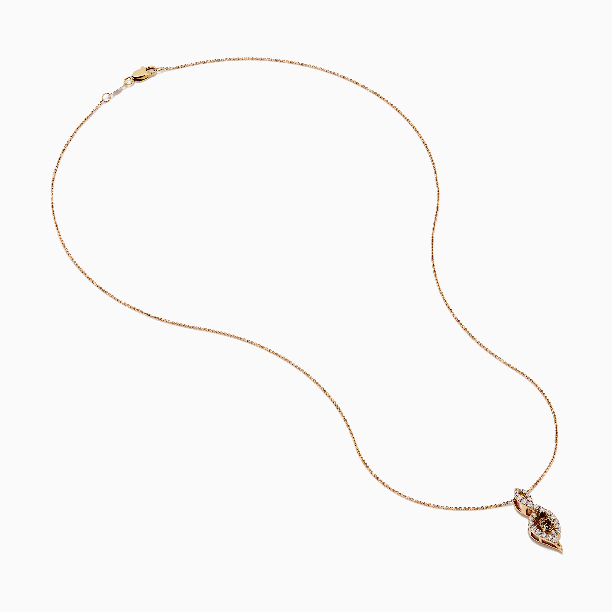 The Espresso 14K Rose Gold Brown and White Diamond Pendant features an oval brown gemstone surrounded by white diamonds in a swirling design, gracefully hanging from a delicate rose gold chain.