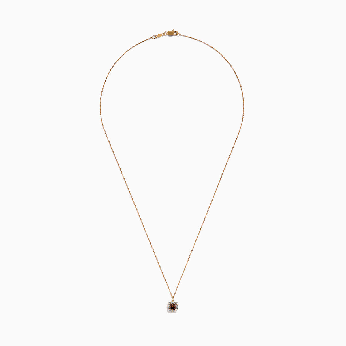 The Espresso 14K Rose Gold Brown and White Diamond Pendant features a square design with a central espresso gemstone, surrounded by clear sparkling stones on a rose gold chain.