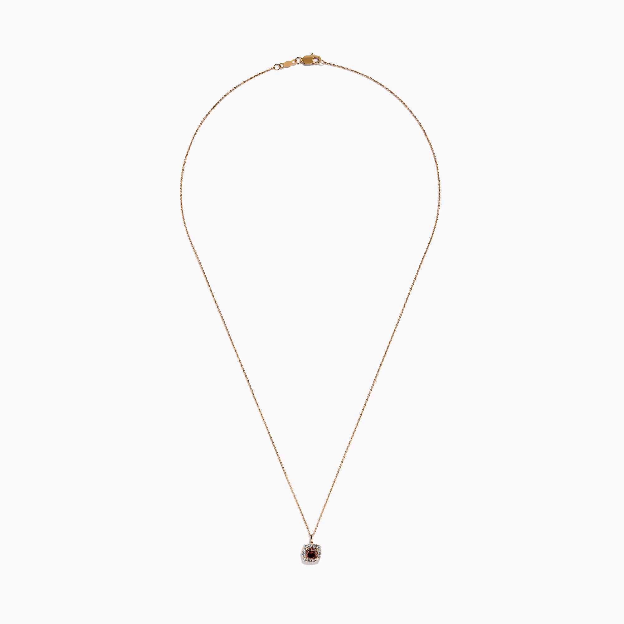 The Espresso 14K Rose Gold Brown and White Diamond Pendant features a square design with a central espresso gemstone, surrounded by clear sparkling stones on a rose gold chain.