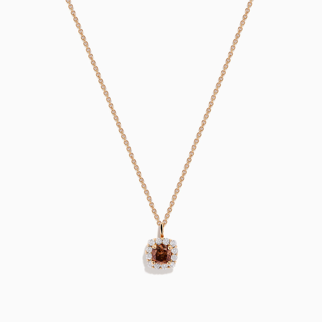 The Espresso 14K Rose Gold Brown and White Diamond Pendant features a square design with a central espresso gemstone, surrounded by clear sparkling stones on a rose gold chain.