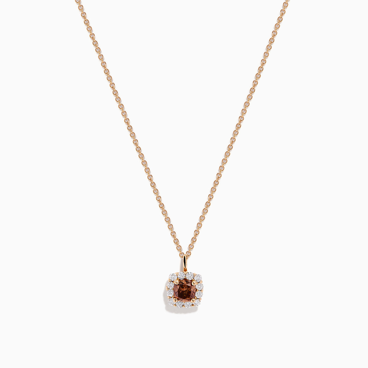 The Espresso 14K Rose Gold Brown and White Diamond Pendant features a square design with a central espresso gemstone, surrounded by clear sparkling stones on a rose gold chain.