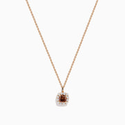 The Espresso 14K Rose Gold Brown and White Diamond Pendant features a square design with a central espresso gemstone, surrounded by clear sparkling stones on a rose gold chain.