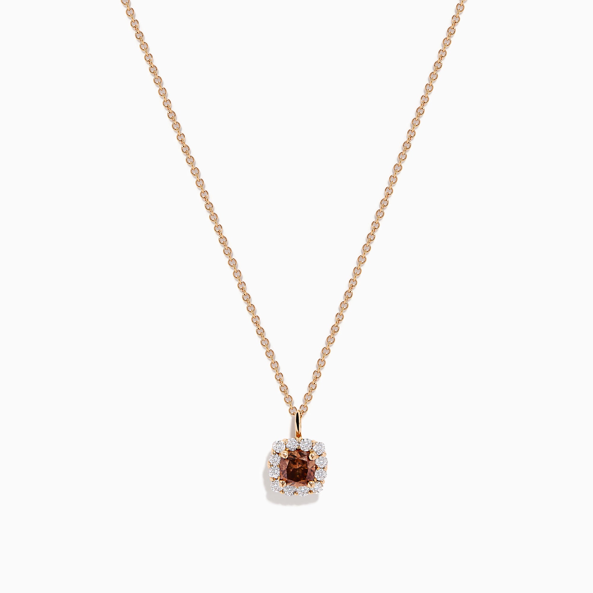 The Espresso 14K Rose Gold Brown and White Diamond Pendant features a square design with a central espresso gemstone, surrounded by clear sparkling stones on a rose gold chain.