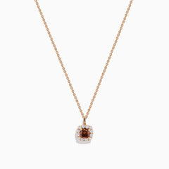 The Espresso 14K Rose Gold Brown and White Diamond Pendant features a square design with a central espresso gemstone, surrounded by clear sparkling stones on a rose gold chain.
