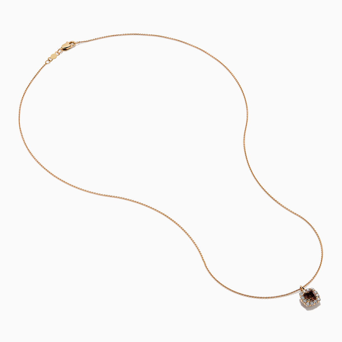 The Espresso 14K Rose Gold Brown and White Diamond Pendant features a square design with a central espresso gemstone, surrounded by clear sparkling stones on a rose gold chain.